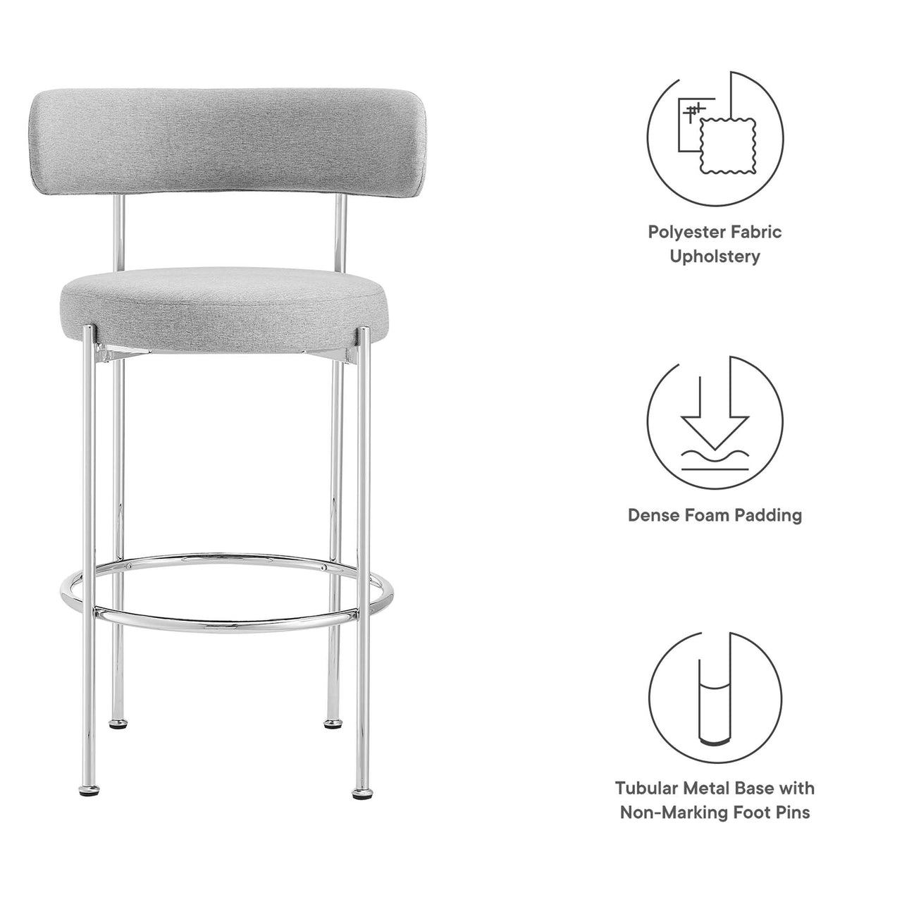 Cael Fabric Bar Stools Set of 2, Gray & Silver