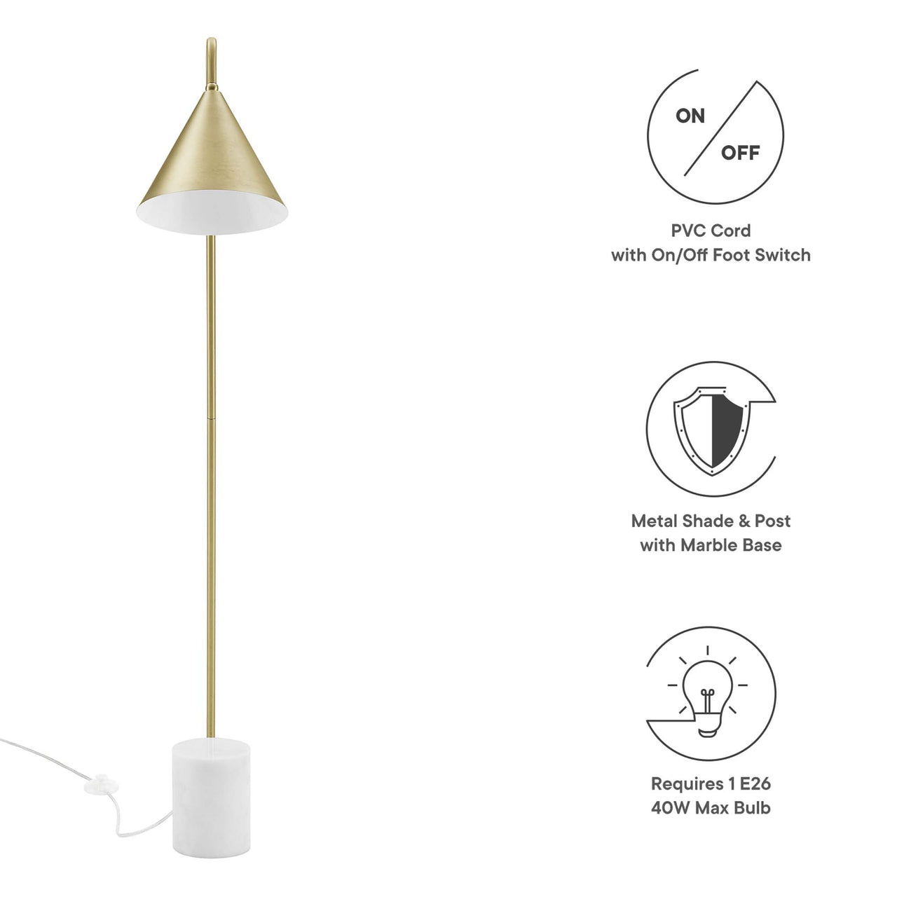 Spotlight Marble Base Floor Lamp, Satin Brass