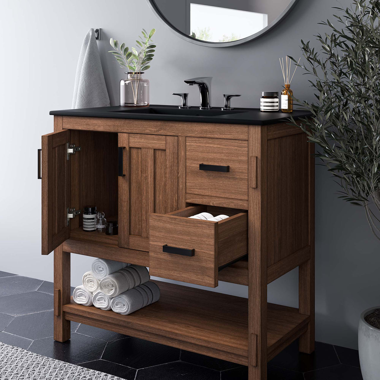 Ashville Vanity Unit, Large, Walnut & Black