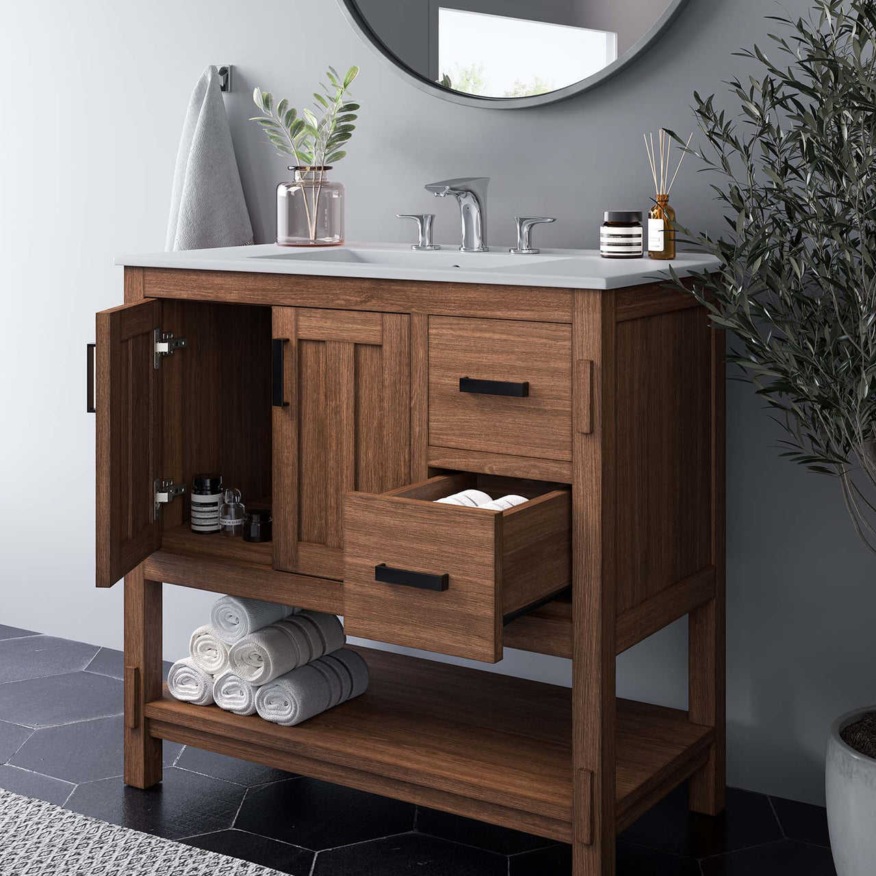 Ashville Vanity Unit, Large, Walnut & White