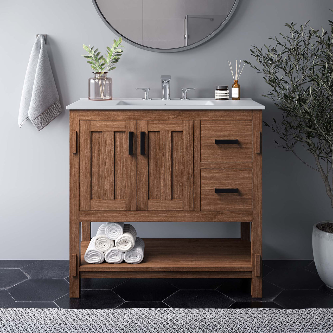 Ashville Vanity Unit, Large, Walnut & White