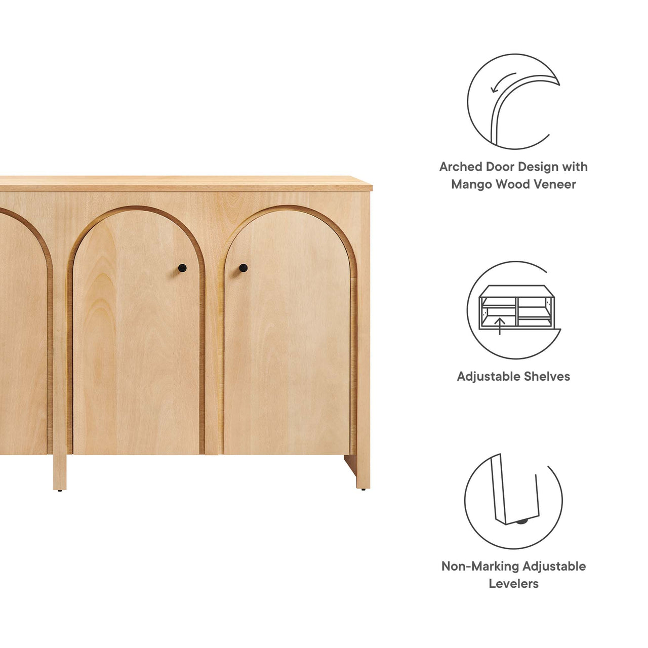 Revina Arched Wood Grain 4-Door Credenza, Oak