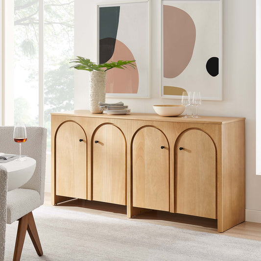 Revina Arched Wood Grain 4-Door Credenza, Oak