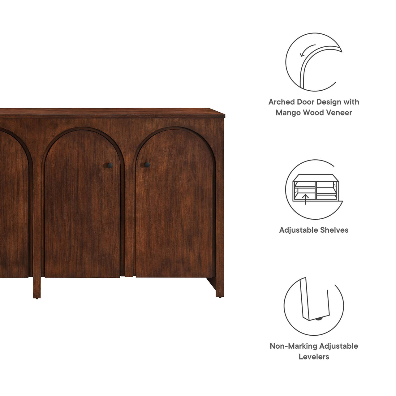 Revina Arched Wood Grain 4-Door Credenza, Walnut