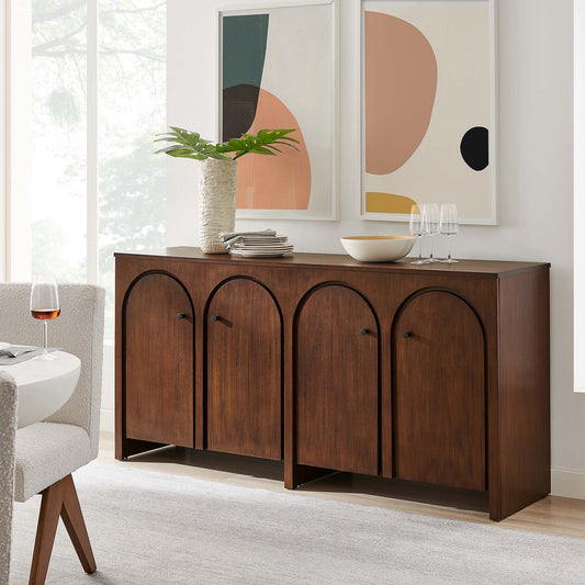 Revina Arched Wood Grain 4-Door Credenza, Walnut