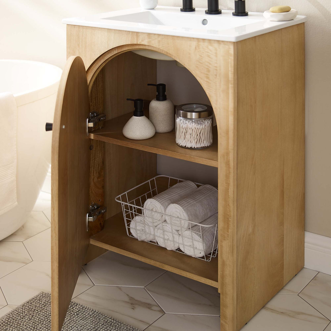 Revina Arched Vanity Base with Storage, Small, Oak