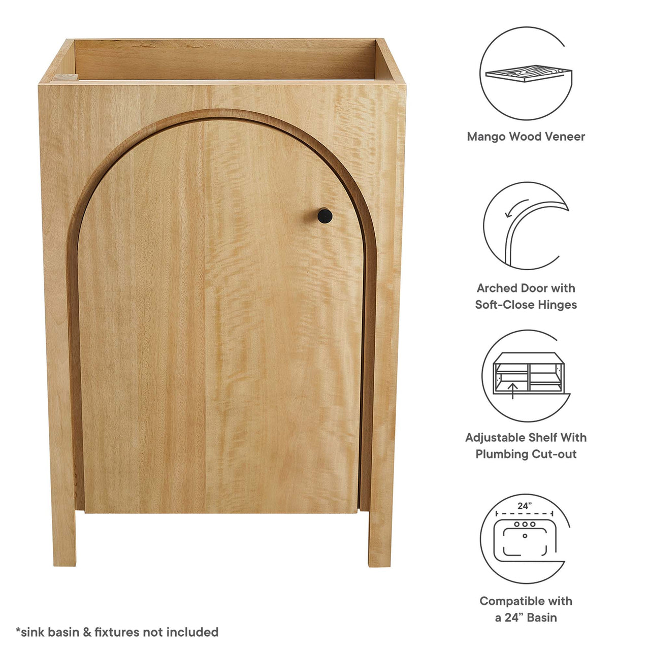 Revina Arched Vanity Base with Storage, Small, Oak