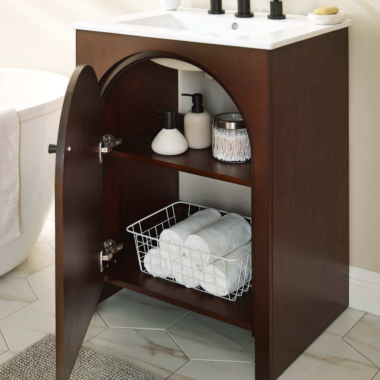 Revina Arched Vanity Base with Storage, Small, Walnut
