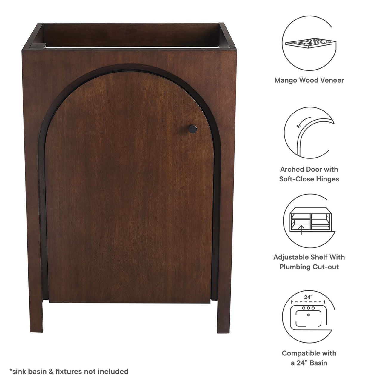 Revina Arched Vanity Base with Storage, Small, Walnut