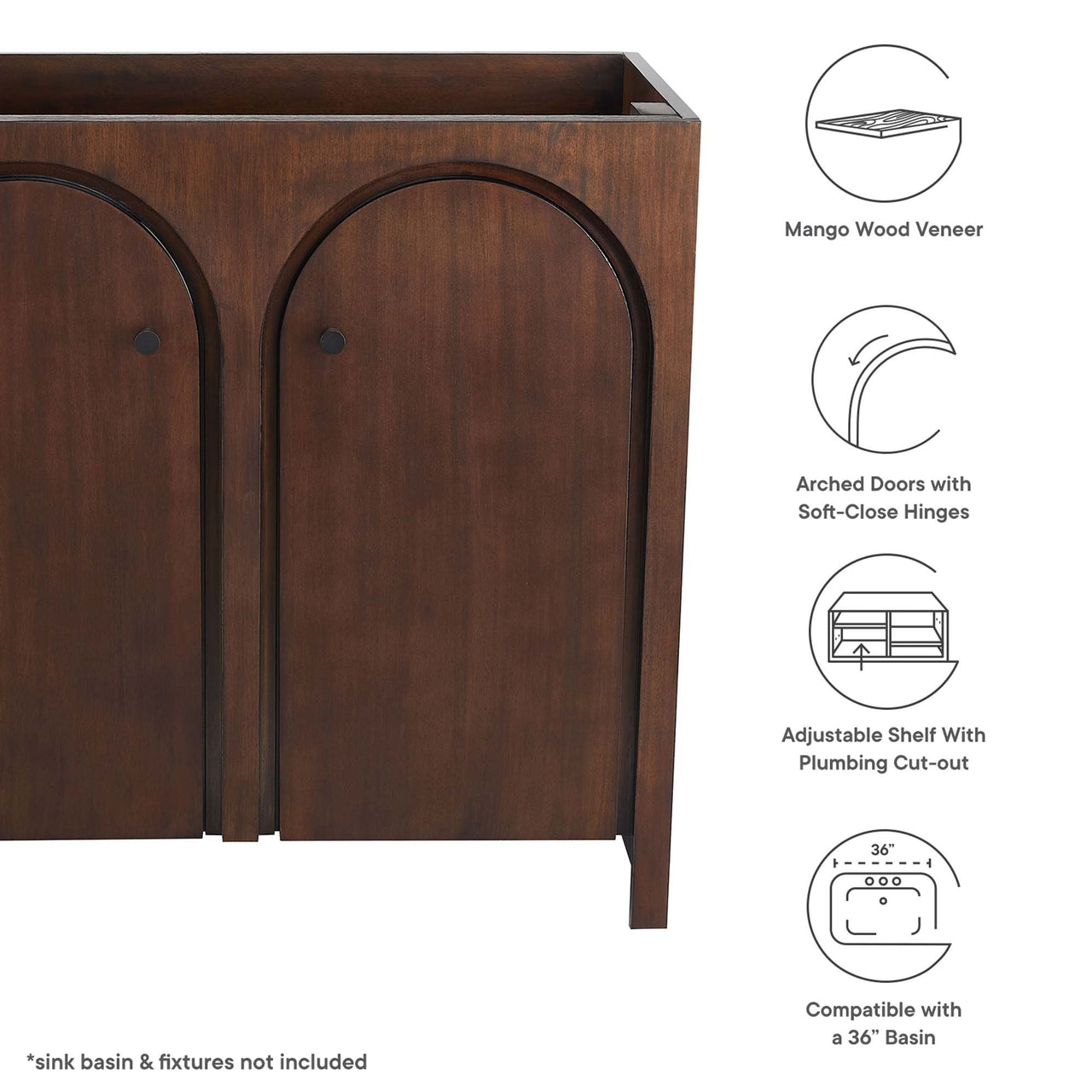 Revina Arched Vanity Base with Storage, Large, Walnut