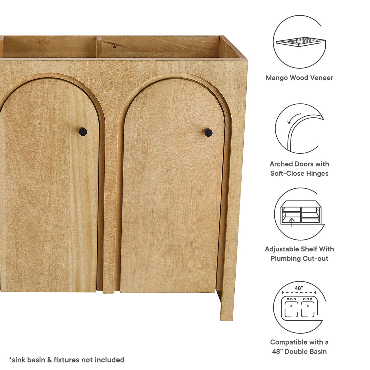 Revina Arched Vanity Base with Storage, Extra Large, Oak