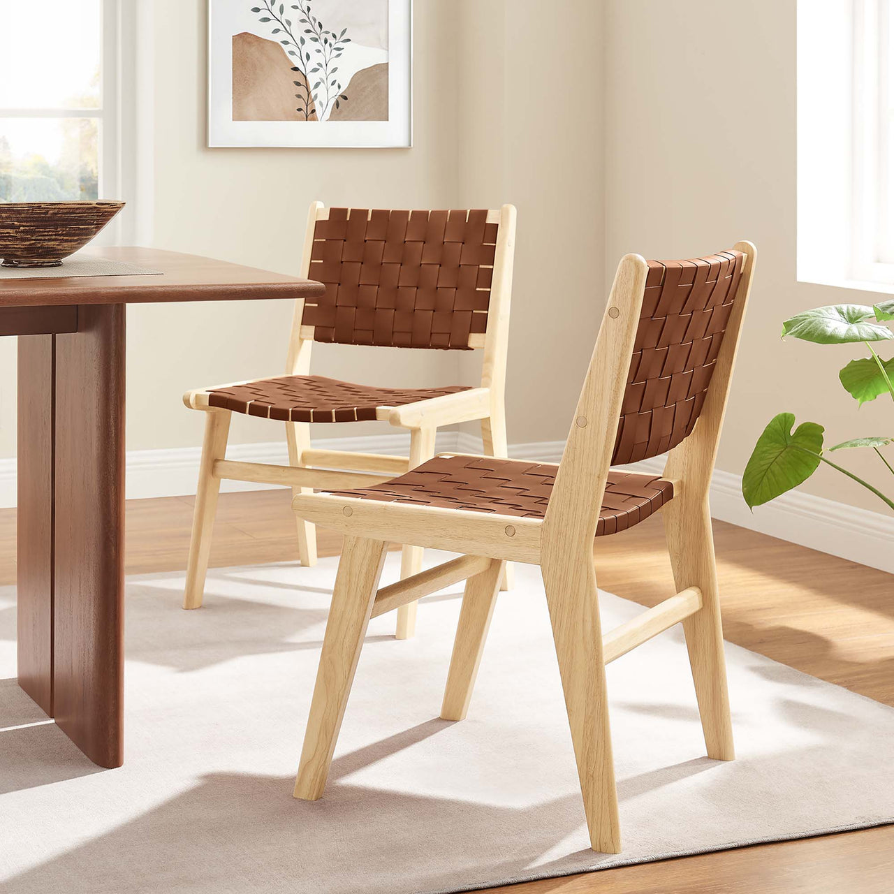 Hunter Dining Chair Set of 2, Natural Wood & Brown