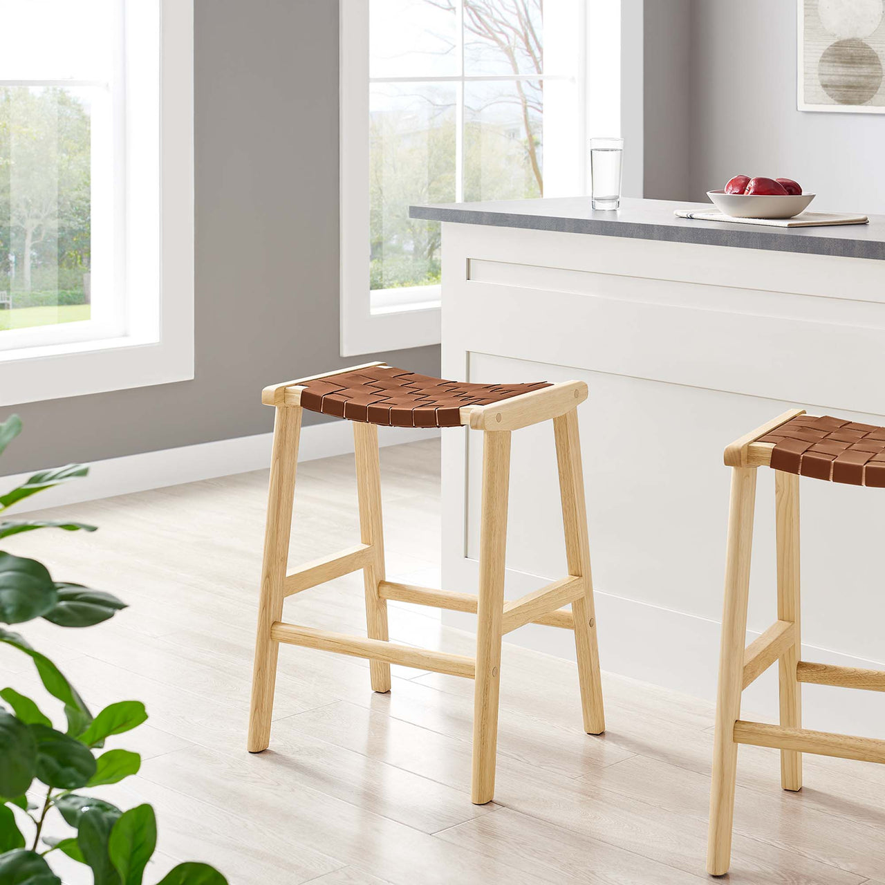 Hunter Eco-Leather Counter Stool Set of 2, Natural Wood & Brown