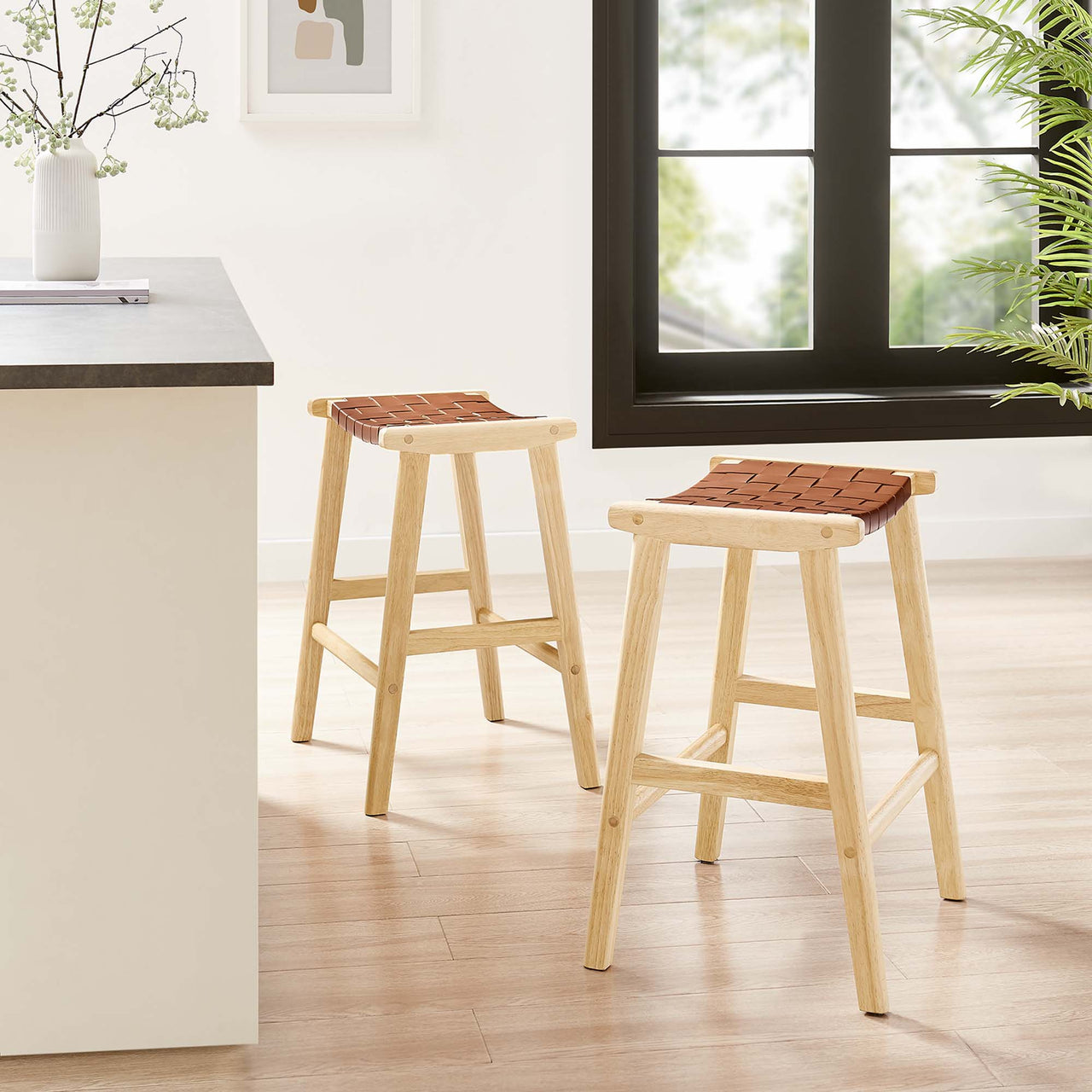 Hunter Eco-Leather Counter Stool Set of 2, Natural Wood & Brown