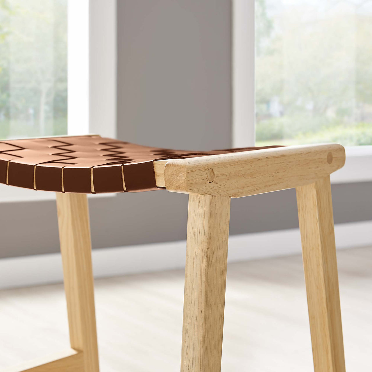 Hunter Eco-Leather Counter Stool Set of 2, Natural Wood & Brown