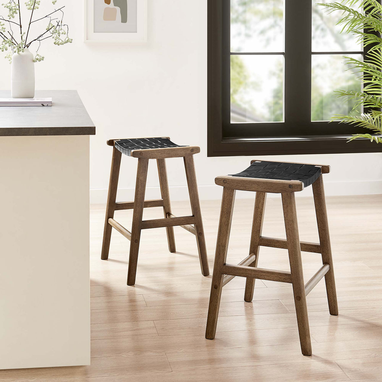 Hunter Eco-Leather Counter Stool Set of 2, Walnut & Black