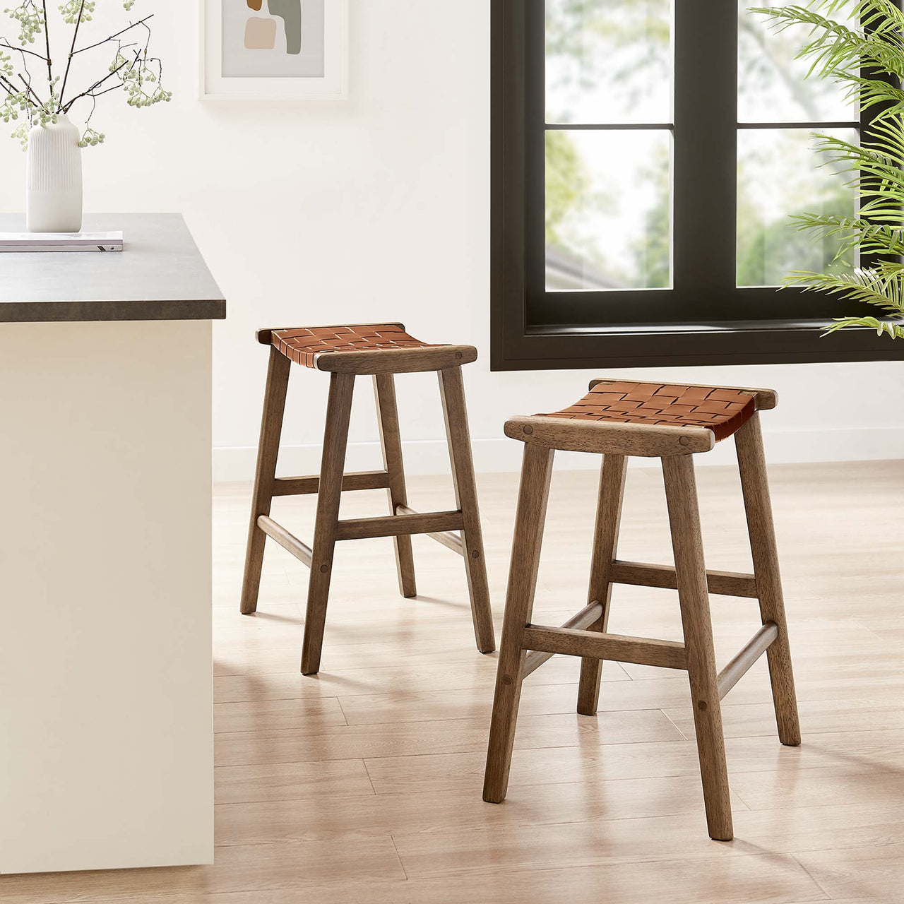 Hunter Eco-Leather Counter Stool Set of 2, Walnut & Brown