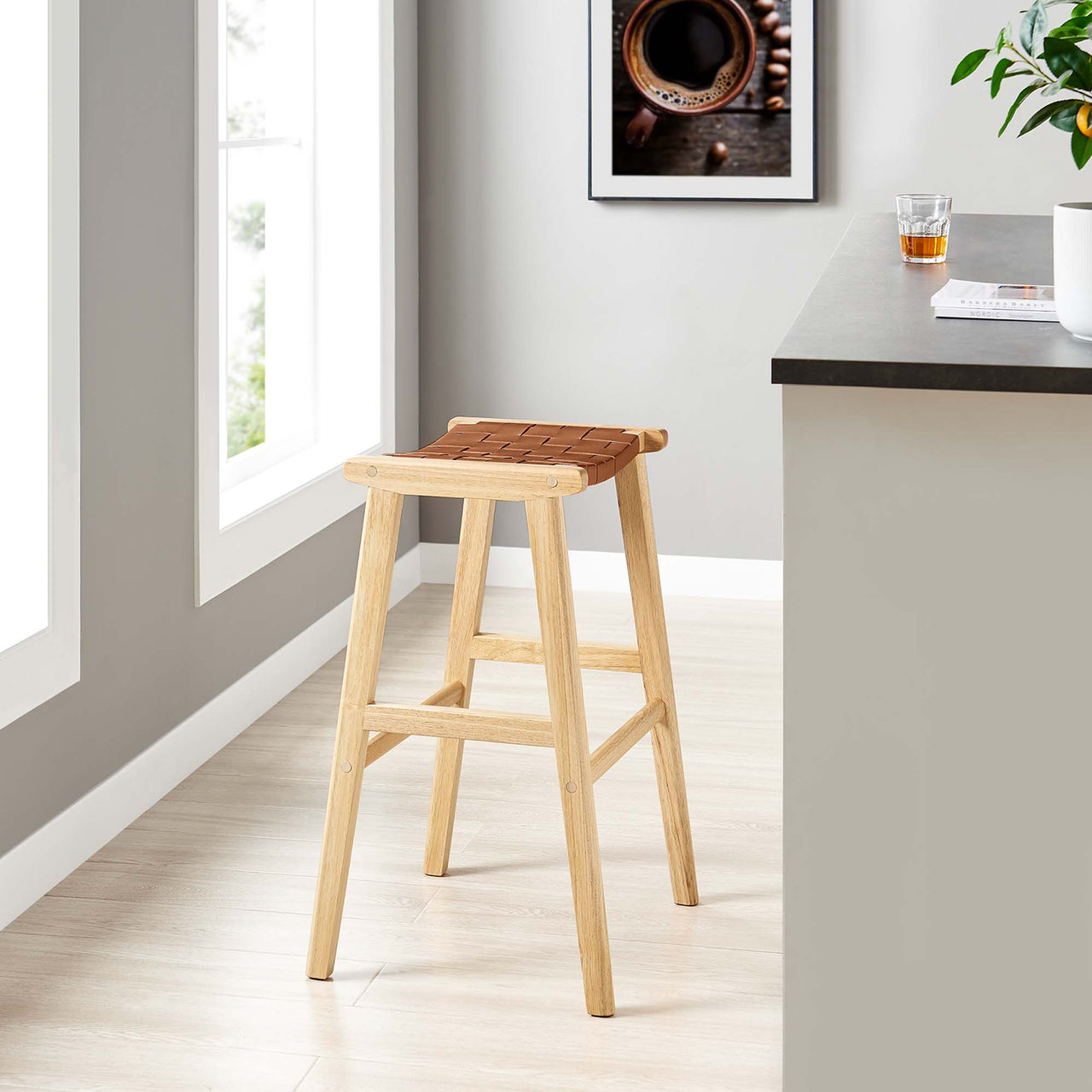 Hunter Bar Stool Set of 2, Natural Wood & Brown