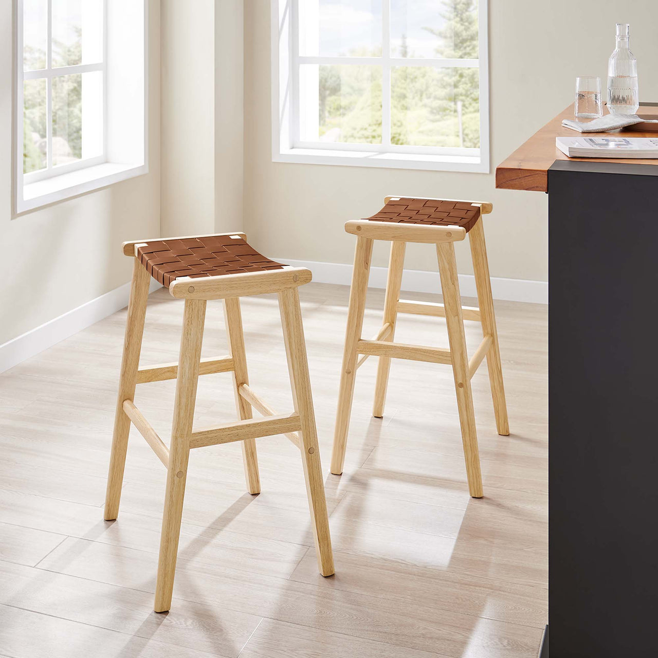 Hunter Bar Stool Set of 2, Natural Wood & Brown
