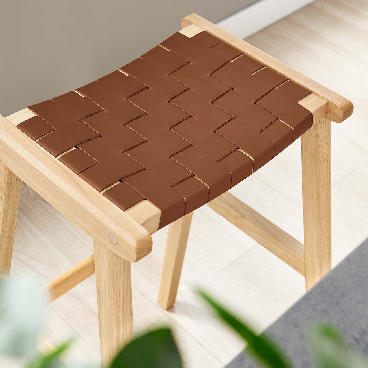 Hunter Bar Stool Set of 2, Natural Wood & Brown
