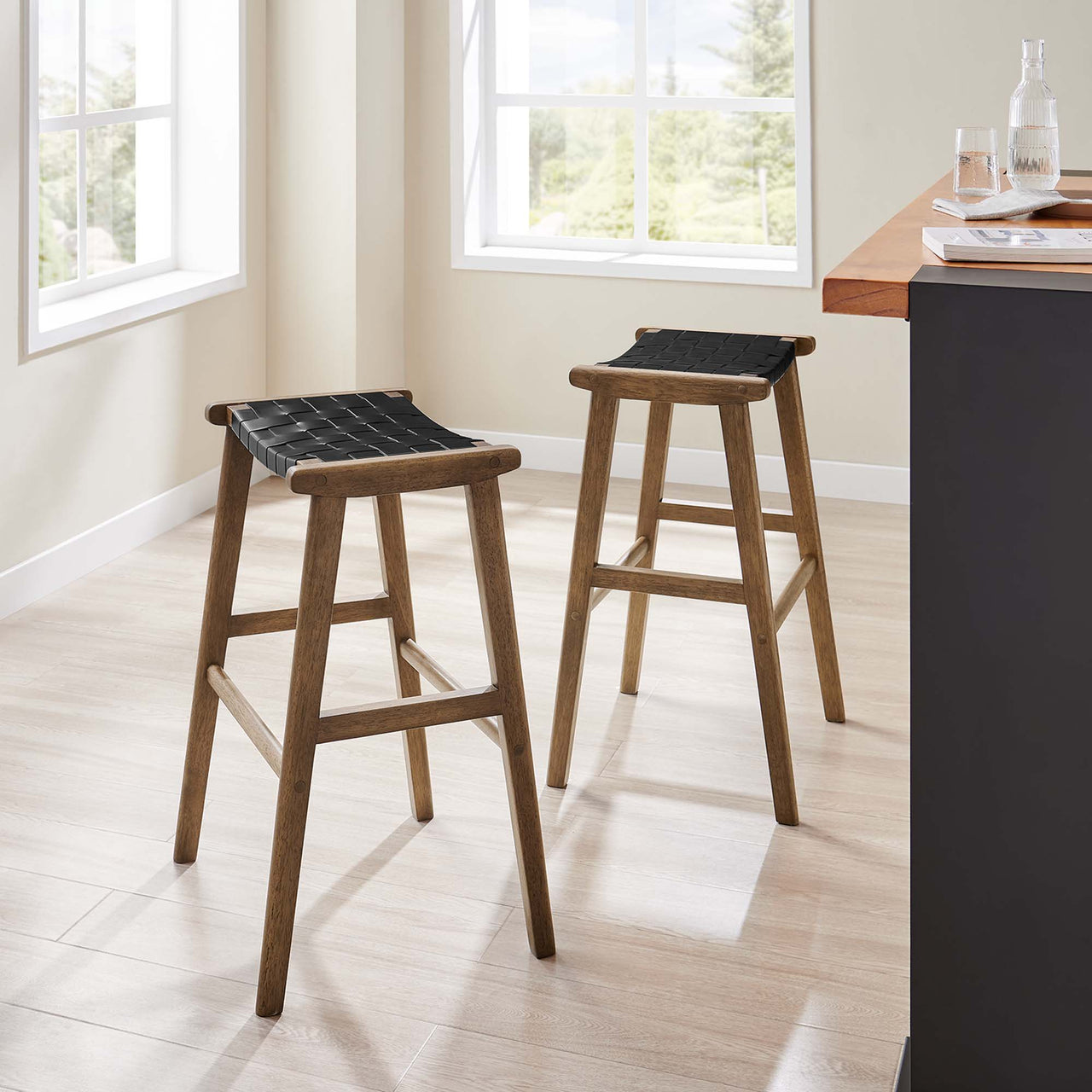 Hunter Bar Stool Set of 2, Walnut & Black