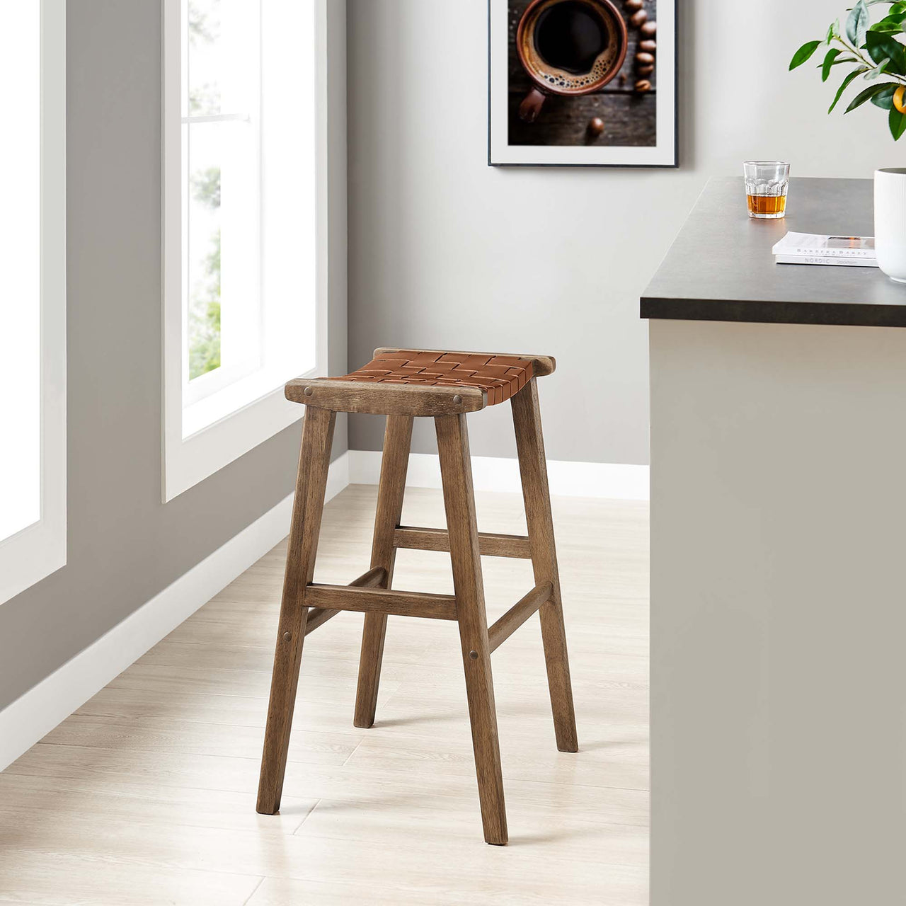 Hunter Bar Stool Set of 2, Walnut & Brown