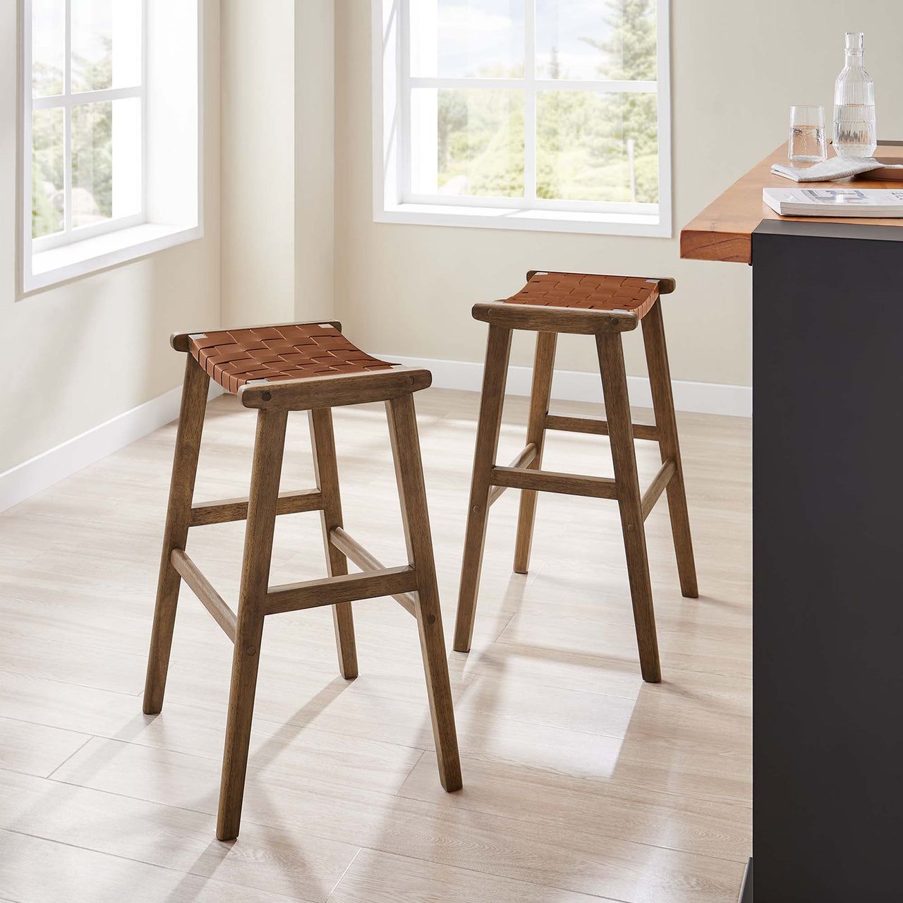 Hunter Bar Stool Set of 2, Walnut & Brown
