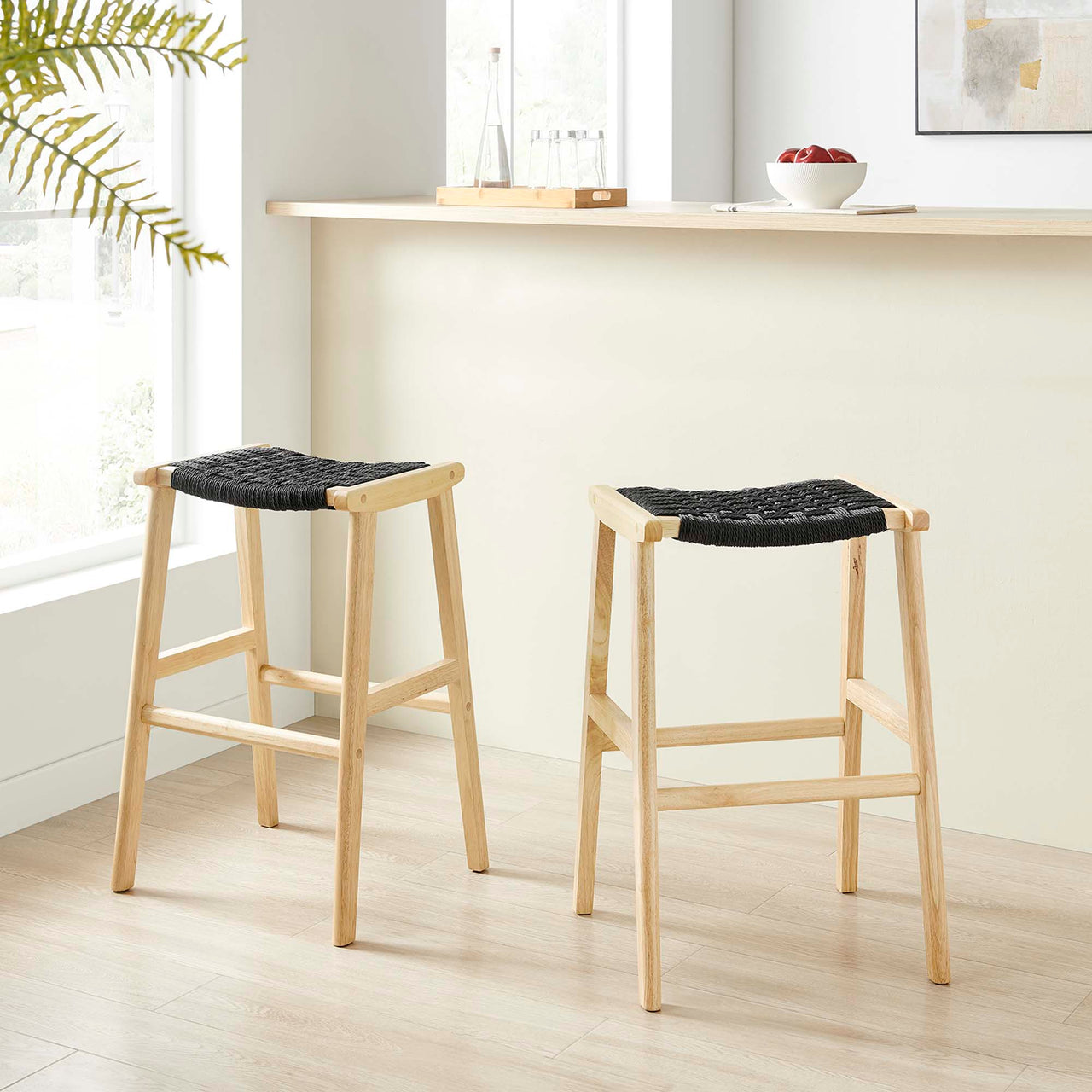 Hunter Bar Stool Set of 2, Natural Wood & Black