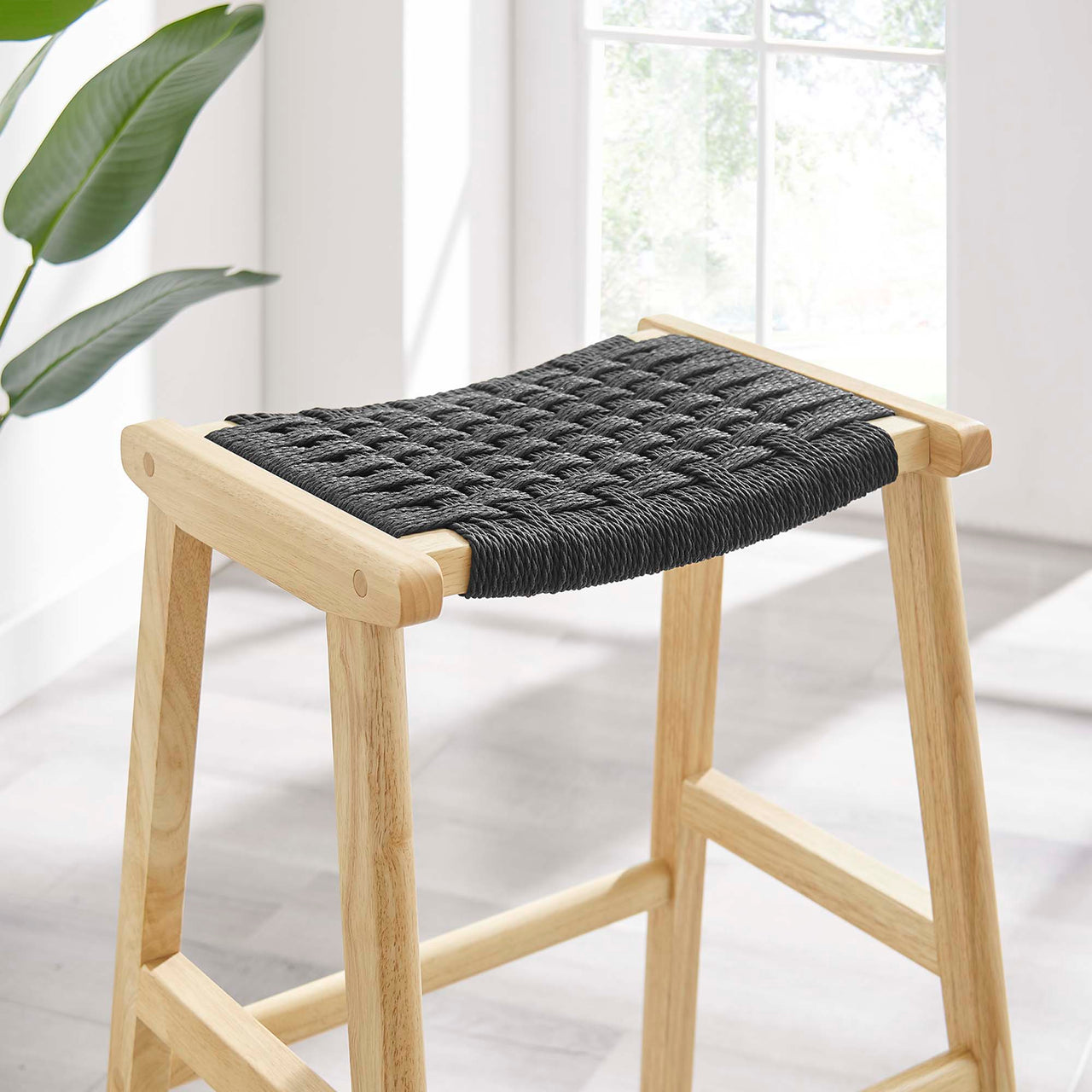 Hunter Bar Stool Set of 2, Natural Wood & Black