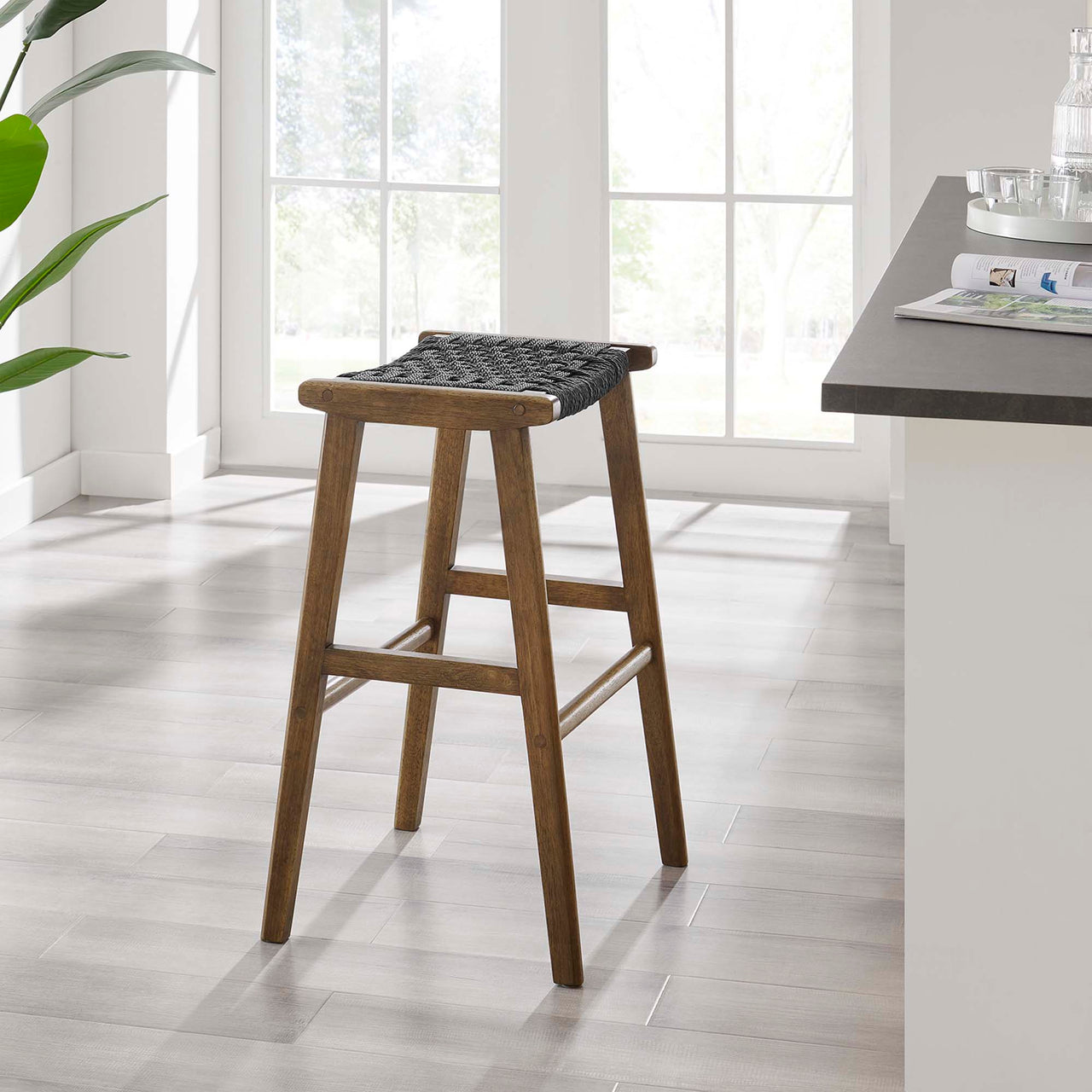 Hunter Bar Stool Set of 2, Walnut & Black