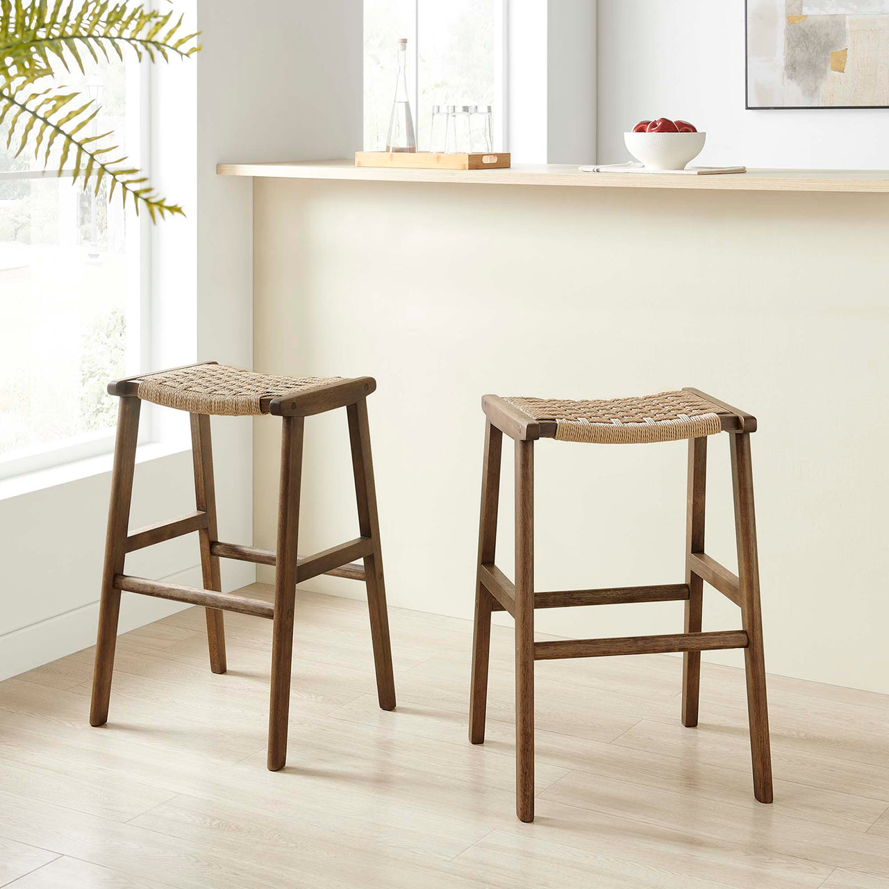 Hunter Bar Stool Set of 2, Walnut & Natural Wood