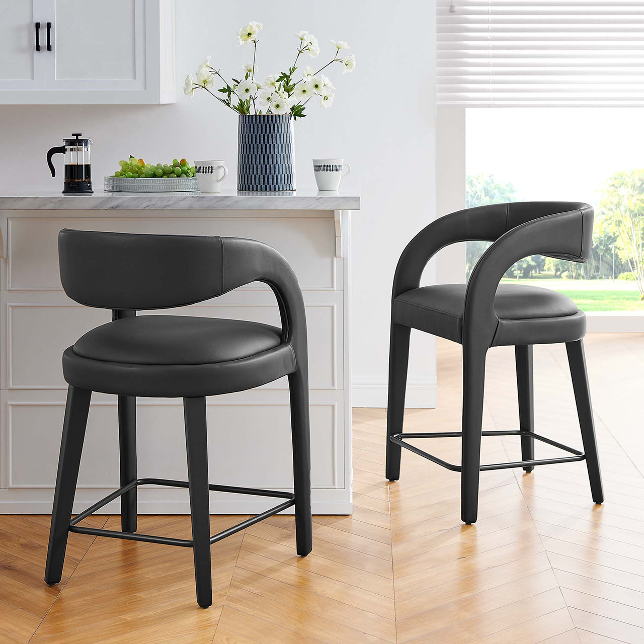 Heron Faux Leather Counter Stool Set of 2, Black