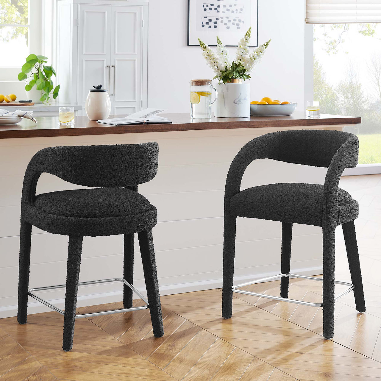 Heron Boucle Counter Stool Set of 2, Black & Silver