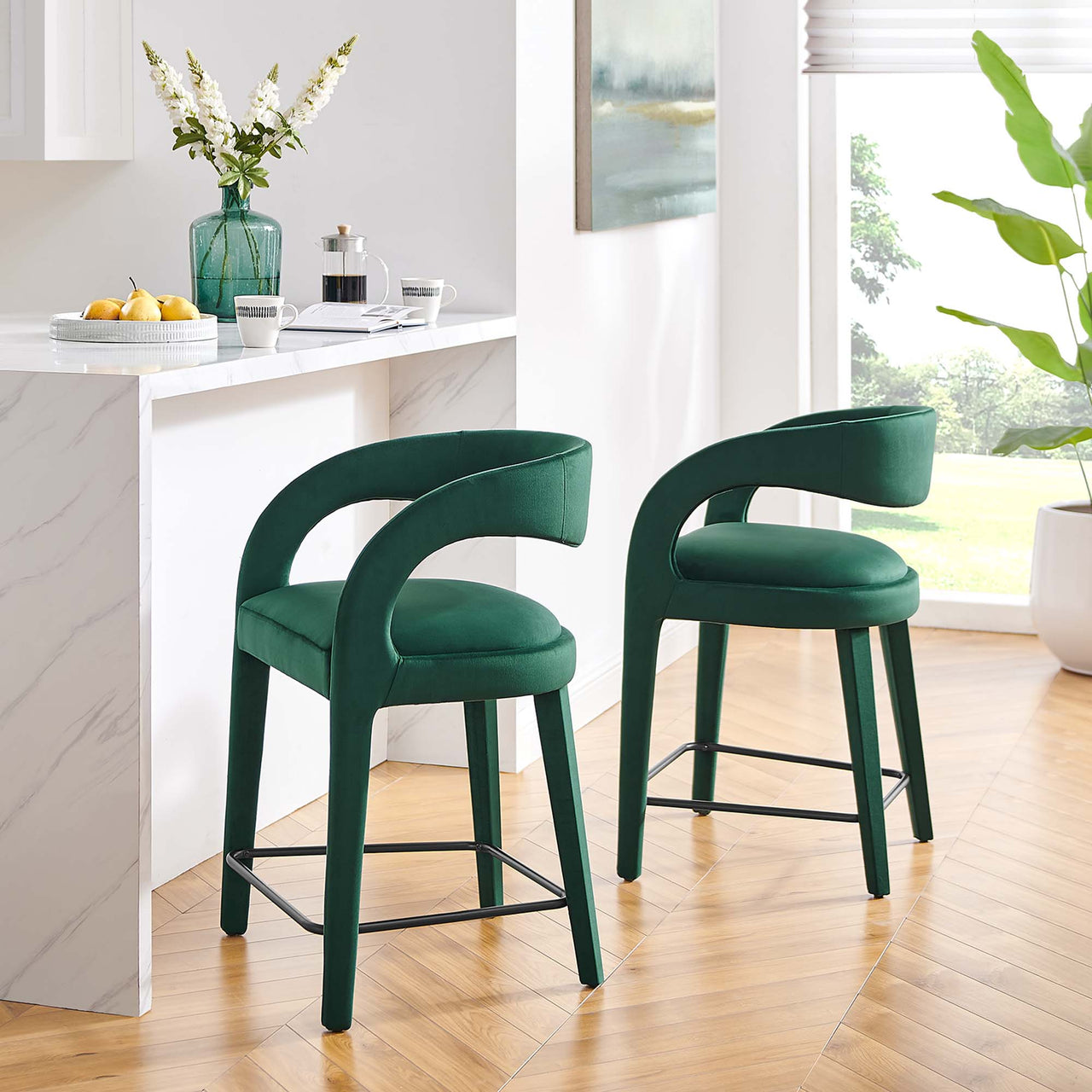 Heron Velvet Counter Stool Set of 2, Green