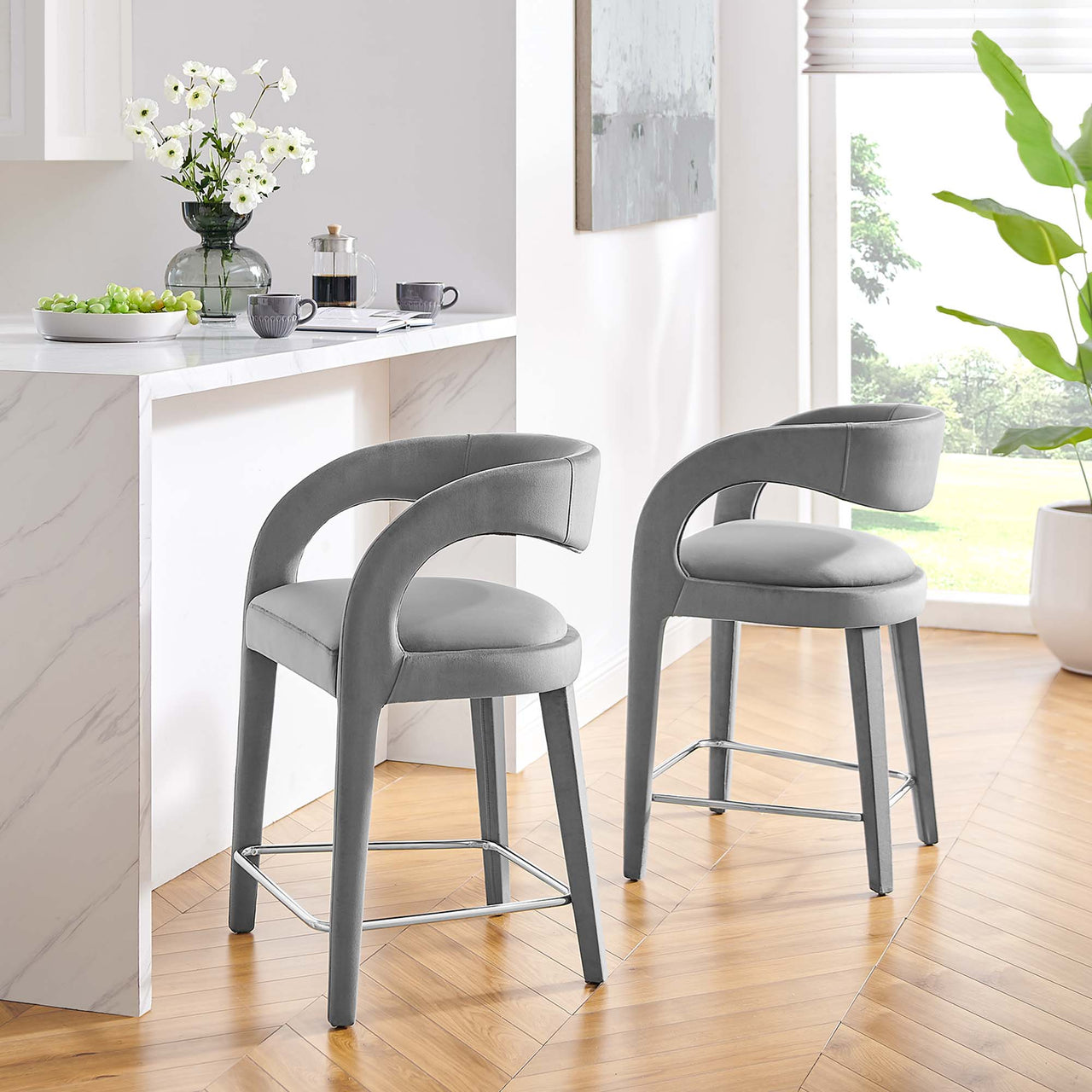 Heron Velvet Counter Stool Set of 2, Gray