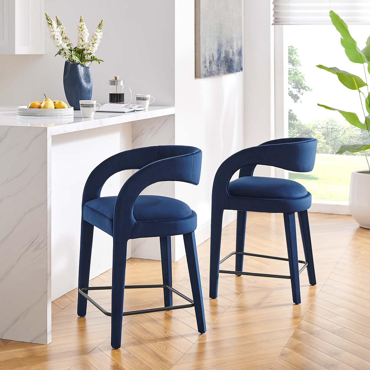 Heron Velvet Counter Stool Set of 2, Dark Blue