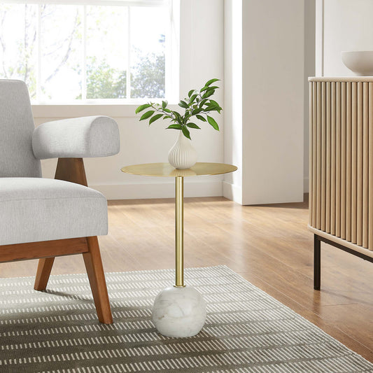 Waypoint Round Marble Side Table, White & Brass