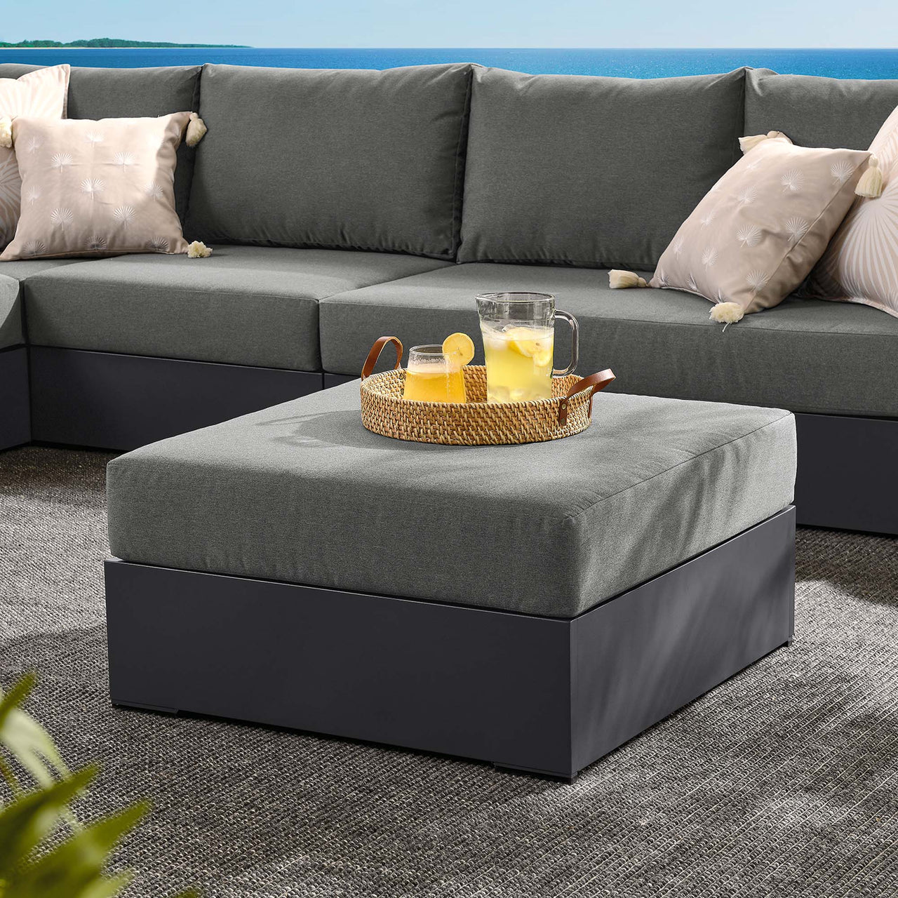 Tahlor Alfresco Powder-Coated Aluminum Ottoman | Outdoor Modular Sectional Component, Gray & Charcoal