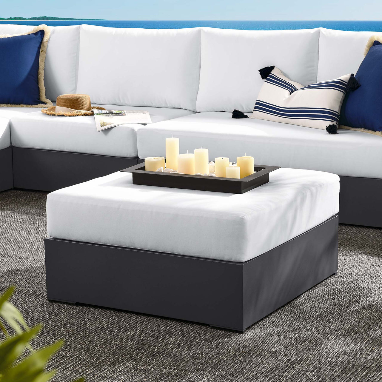 Tahlor Alfresco Powder-Coated Aluminum Ottoman | Outdoor Modular Sectional Component, Gray & White