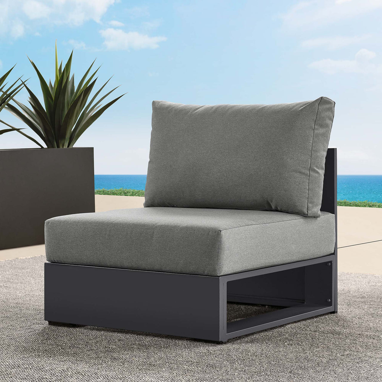 Tahlor Alfresco Powder-Coated Aluminum Armless Chair | Outdoor Modular Sectional Component, Gray & Charcoal