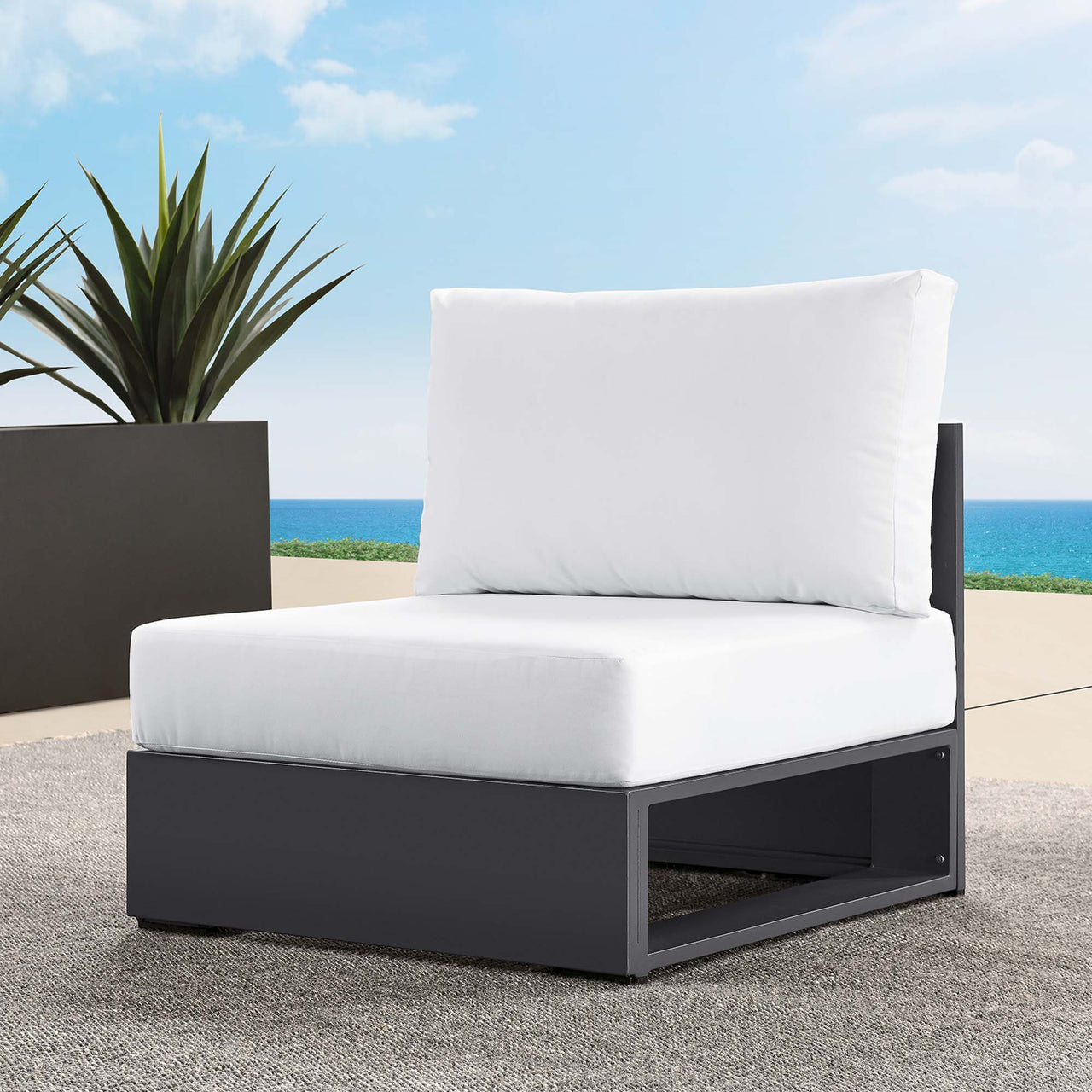 Tahlor Alfresco Powder-Coated Aluminum Armless Chair | Outdoor Modular Sectional Component, Gray & White