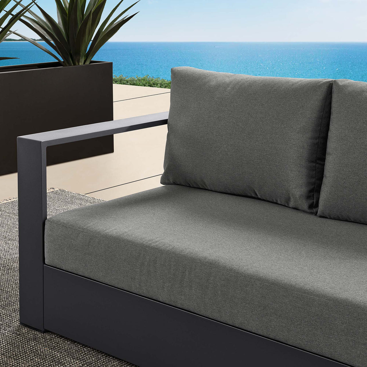 Tahlor Alfresco Powder-Coated Aluminum Left-Facing Loveseat | Outdoor Modular Sectional Component, Gray & Charcoal
