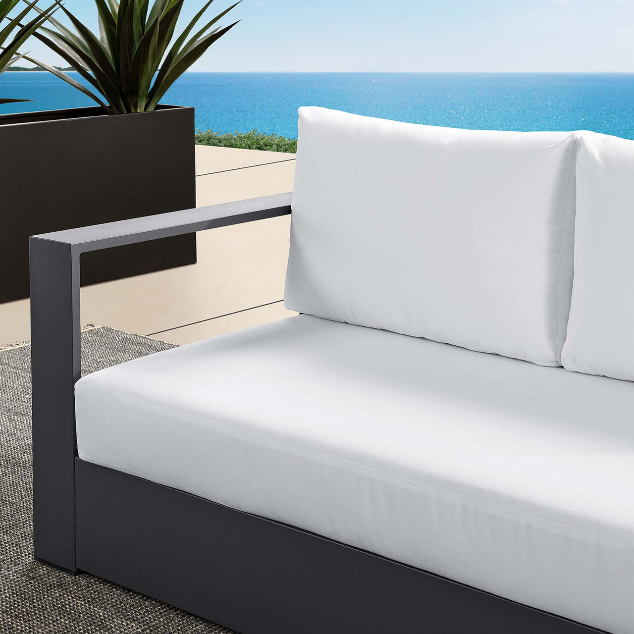 Tahlor Alfresco Powder-Coated Aluminum Left-Facing Loveseat | Outdoor Modular Sectional Component, Gray & White