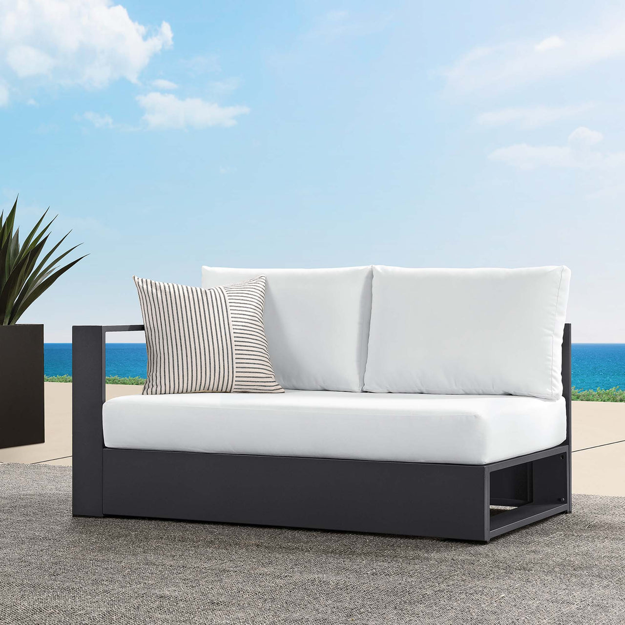 Tahlor Alfresco Powder-Coated Aluminum Left-Facing Loveseat | Outdoor Modular Sectional Component, Gray & White