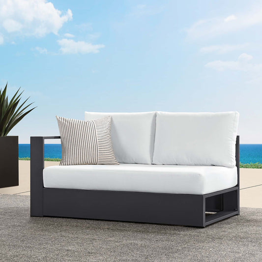 Tahlor Alfresco Powder-Coated Aluminum Left-Facing Loveseat | Outdoor Modular Sectional Component, Gray & White