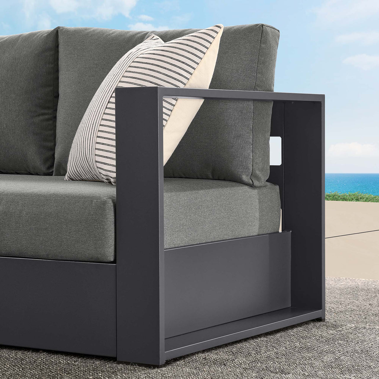 Tahlor Alfresco Powder-Coated Aluminum Right-Facing Loveseat | Outdoor Modular Sectional Component, Gray & Charcoal