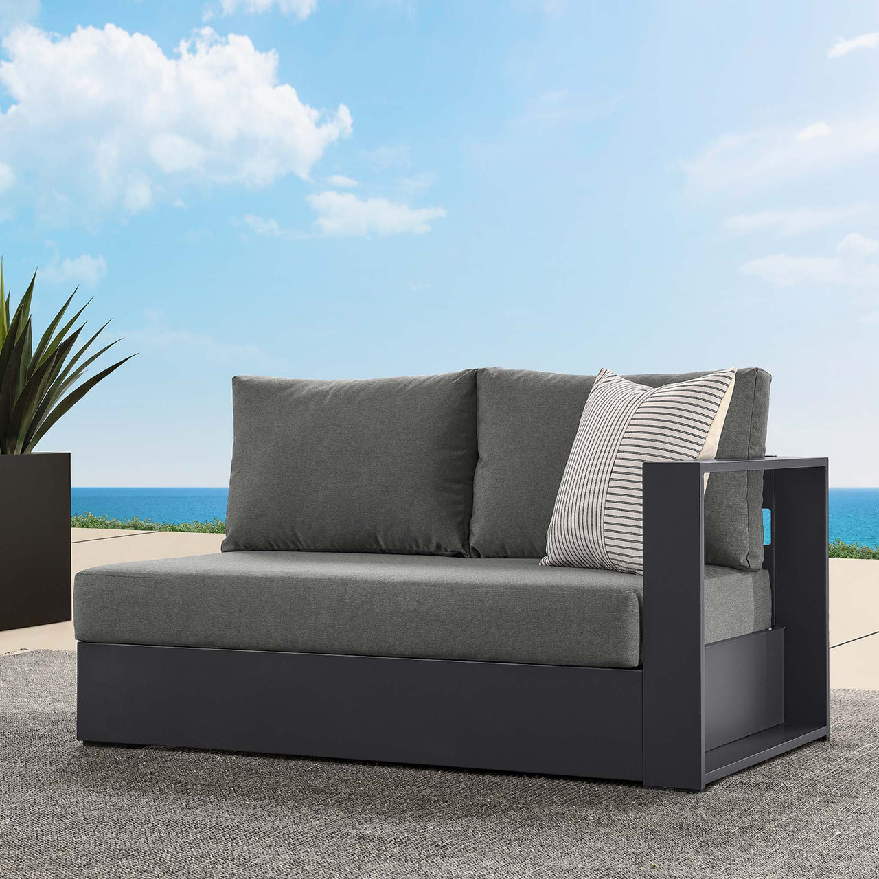 Tahlor Alfresco Powder-Coated Aluminum Right-Facing Loveseat | Outdoor Modular Sectional Component, Gray & Charcoal
