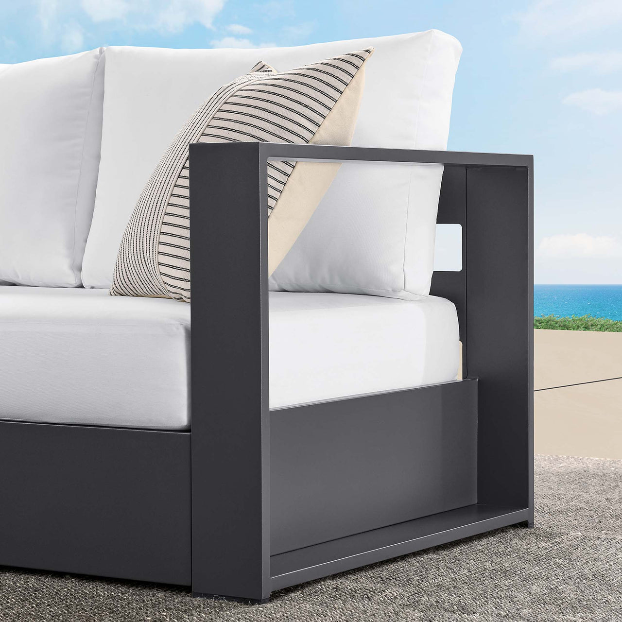 Tahlor Alfresco Powder-Coated Aluminum Right-Facing Loveseat | Outdoor Modular Sectional Component, Gray & White