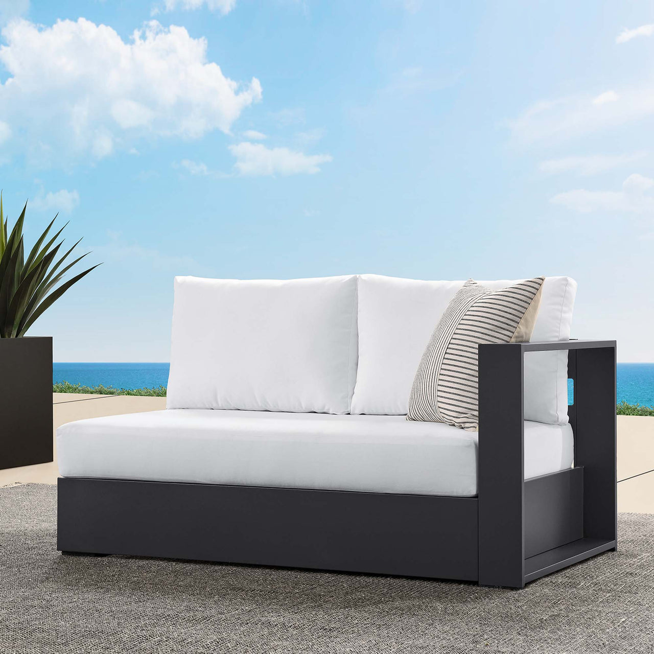 Tahlor Alfresco Powder-Coated Aluminum Right-Facing Loveseat | Outdoor Modular Sectional Component, Gray & White
