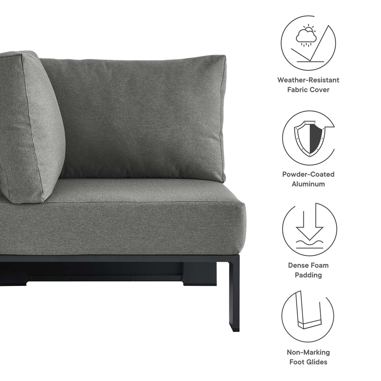 Tahlor Alfresco Powder-Coated Aluminum Corner Chair | Outdoor Modular Sectional Component, Gray & Charcoal